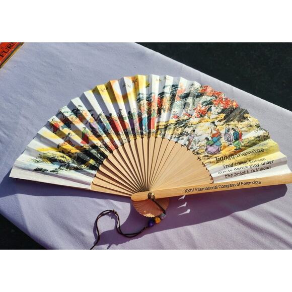 Korean Mulberry Paper Bamboo Hanji Hand Fan Congress Of Entomology GANGGANGSULAE - Picture 3 of 12